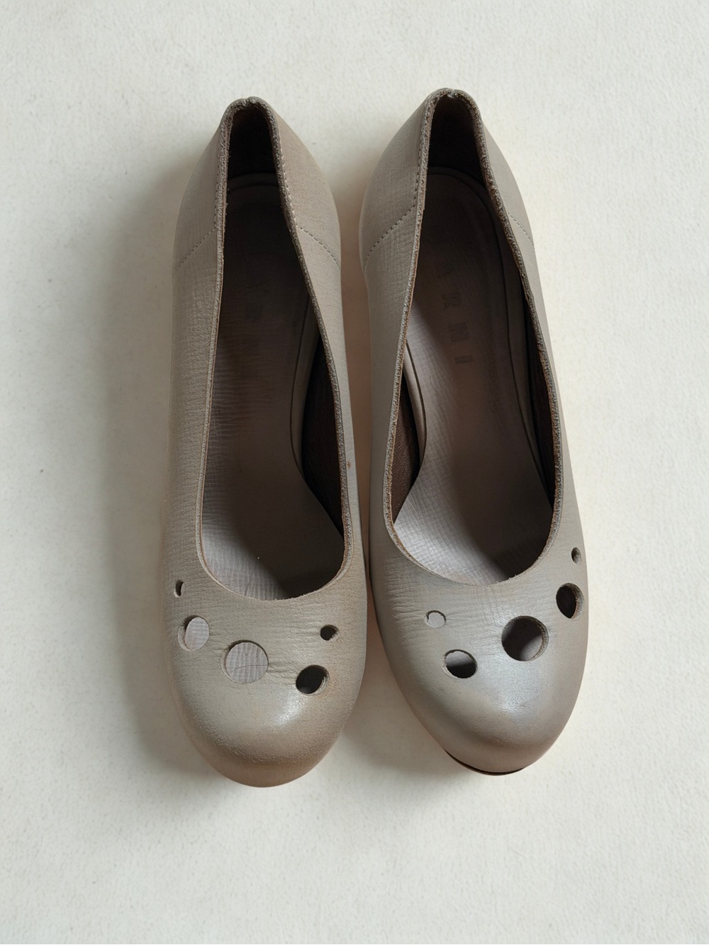 Marni Taupe Leather Ballet Heels with Perforated Circle Detail